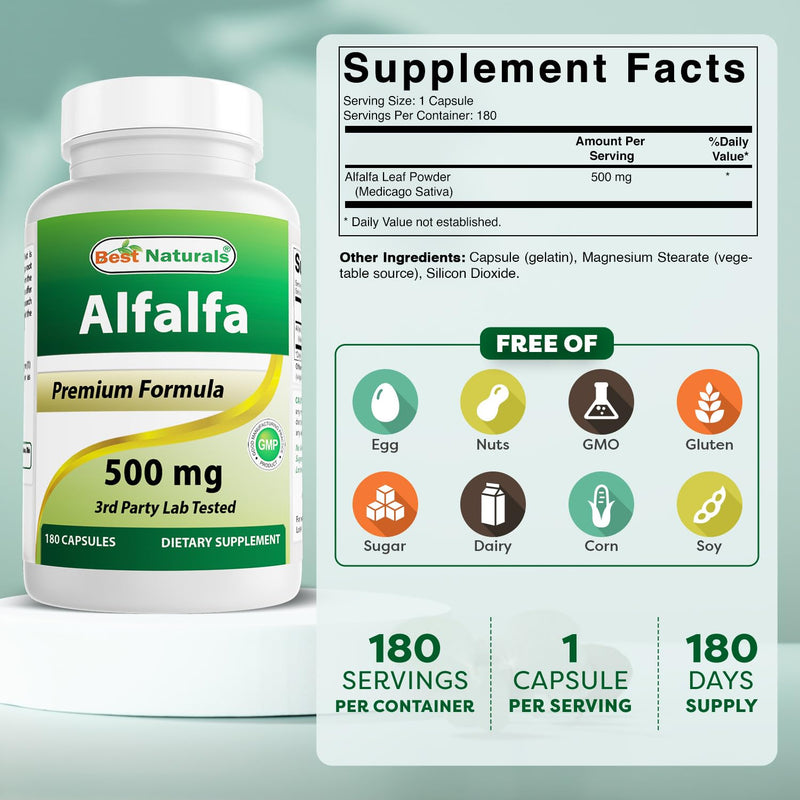 Best Naturals Alfalfa Green Super Food 500 mg – 180 Capsules (Pack of 2)