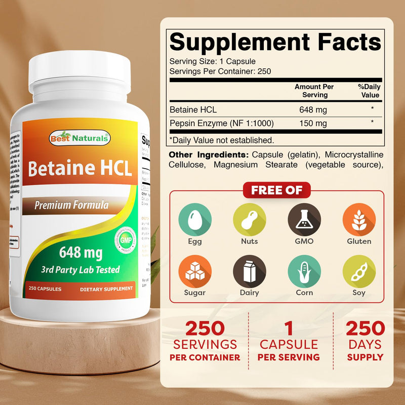 Best Naturals Betaine HCL 648 mg 250 Capsules - Non-GMO & Gluten Free