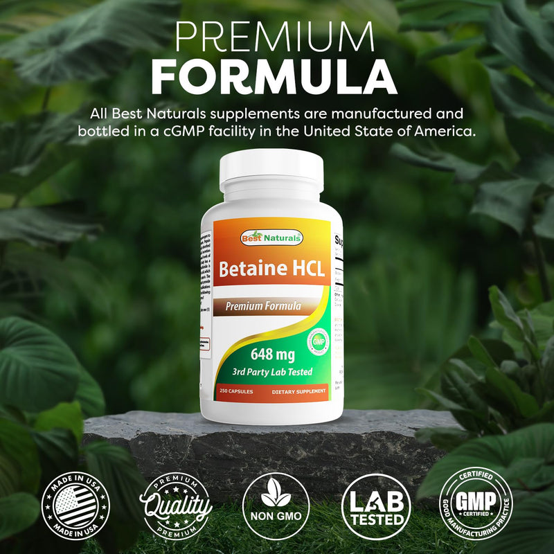 Best Naturals Betaine HCL 648 mg 250 Capsules - Non-GMO & Gluten Free