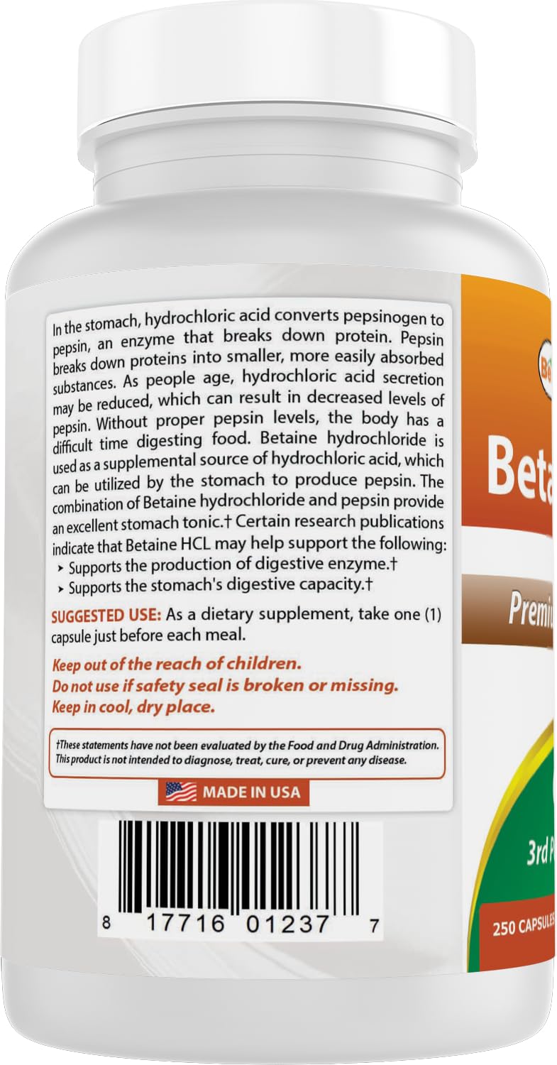 Best Naturals Betaine HCL 648 mg 250 Capsules - Non-GMO & Gluten Free