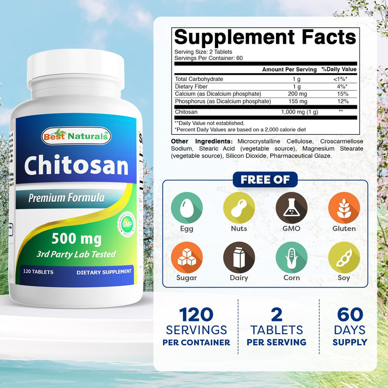 Best Naturals Chitosan 500 mg – 120 Tablets | Non-GMO & Gluten Free
