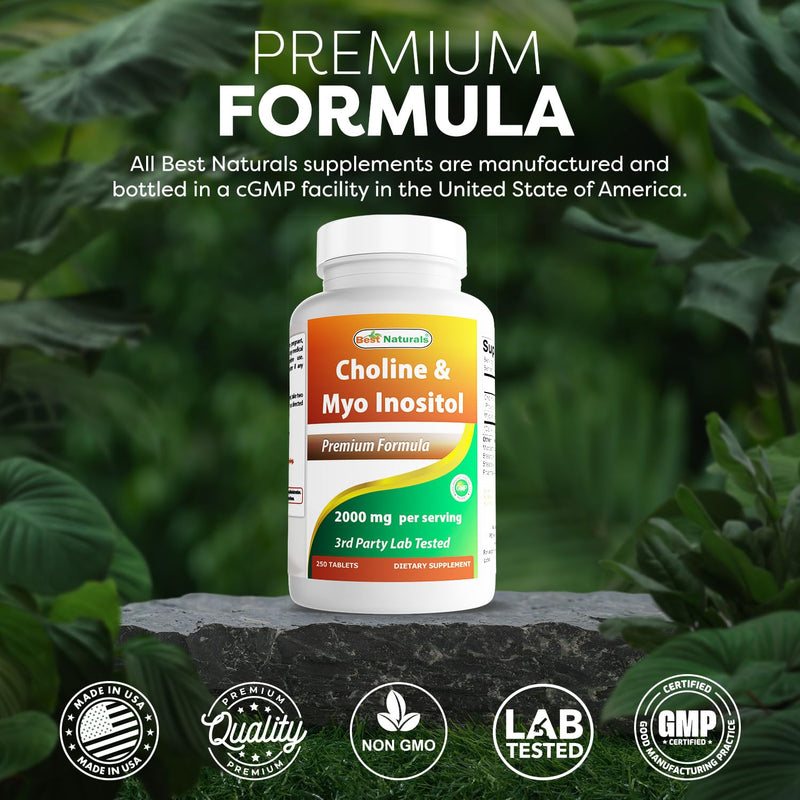 Best Naturals Choline Inositol (Myo-Inositol) 2000 mg per Serving - 250 Tablets | Non-GMO, Gluten Free, Made in USA
