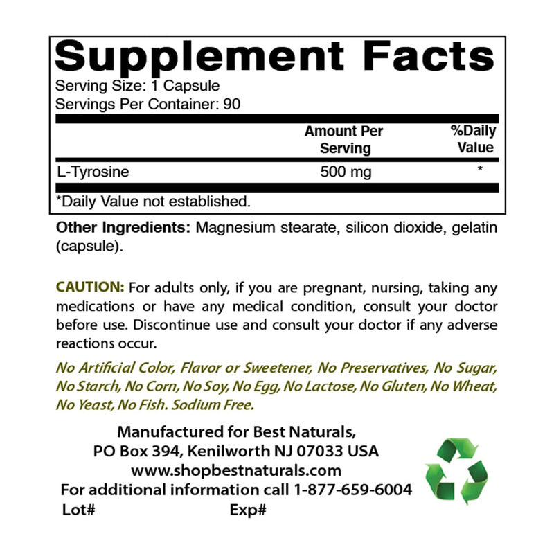Best Naturals L-Tyrosine 500 mg – 90 Capsules (Pack of 3)