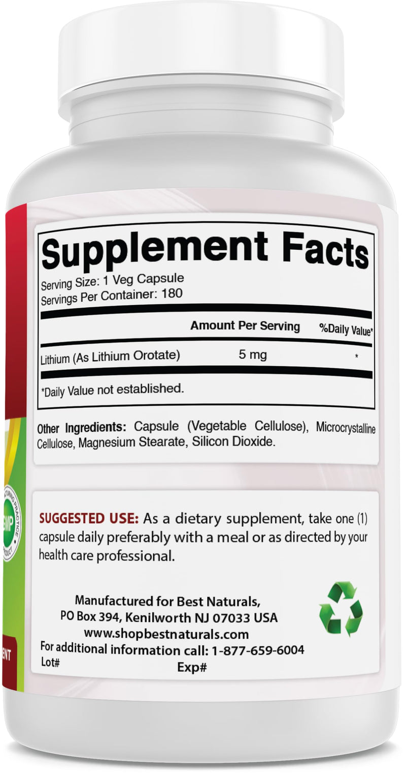 Best Naturals Lithium Orotate 5 mg 180 Capsules - Non GMO - Gluten Free