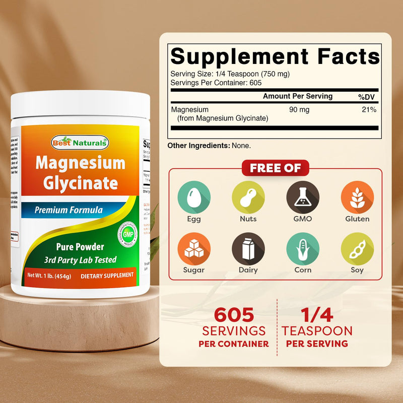 Best Naturals Magnesium Glycinate Powder - 1 Pound (1 LB (Pack of 2)) | 605 Servings