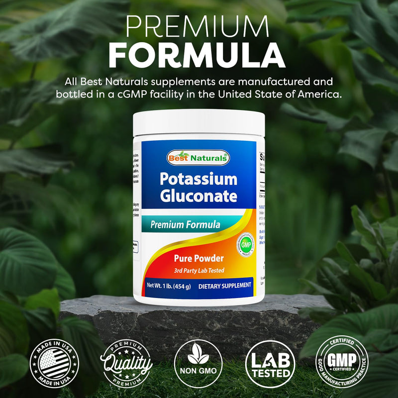 Best Naturals Potassium Gluconate 1lb Powder – 413 Servings, Non-GMO, USA Made
