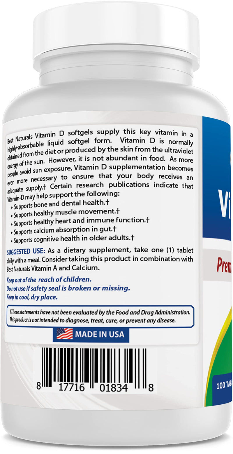 Best Naturals Vitamin D3 2000 IU (50 mcg) – 100 Tablets – Immune Support, Strong Bones & Muscle Function