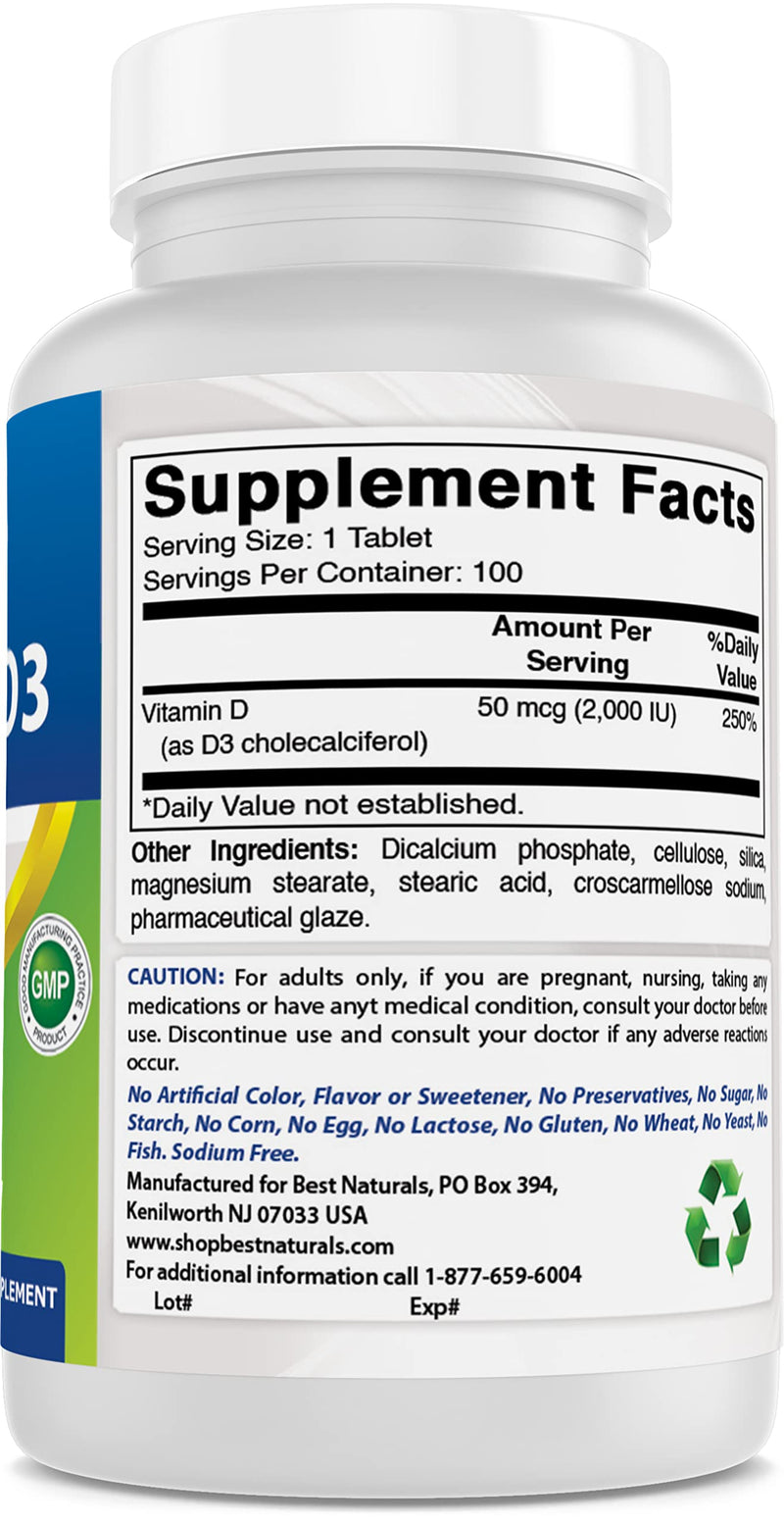 Best Naturals Vitamin D3 2000 IU (50 mcg) – 100 Tablets – Immune Support, Strong Bones & Muscle Function