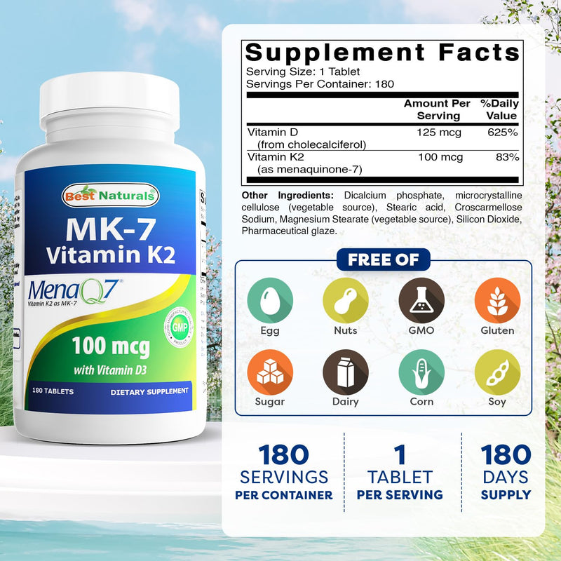 Best Naturals Vitamin K2 MK7 with D3 – 180 Tablets (5,000 IU D3 & 100 mcg K2 MK7) | Non-GMO, USA Made