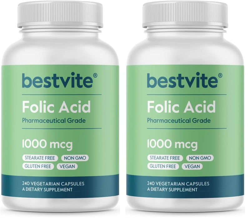 BESTVITE Folic Acid 1000mcg – 240 Vegetarian Capsules (Pack of 2) – No Dicalcium Phosphate, No Stearates, No Silicon Dioxide – Gluten Free, Non-GMO, Vegan