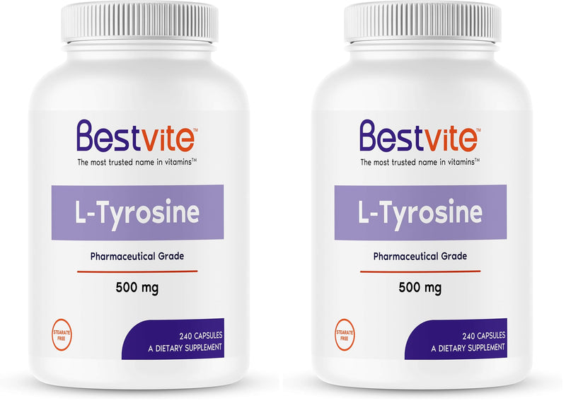 BESTVITE L-Tyrosine 500mg (240 Capsules) – Pack of 2 – No Stearates, Non-GMO, Gluten Free