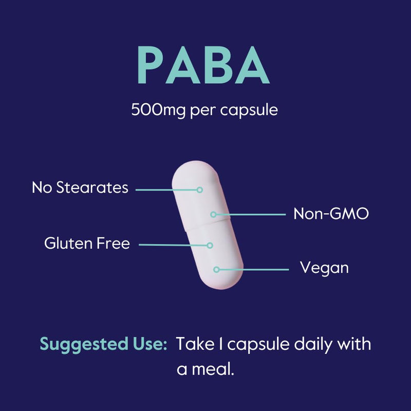 BESTVITE PABA 500mg - 120 Vegetarian Capsules | No Stearates, Vegan, Non-GMO, Gluten Free | Para-Aminobenzoic Acid