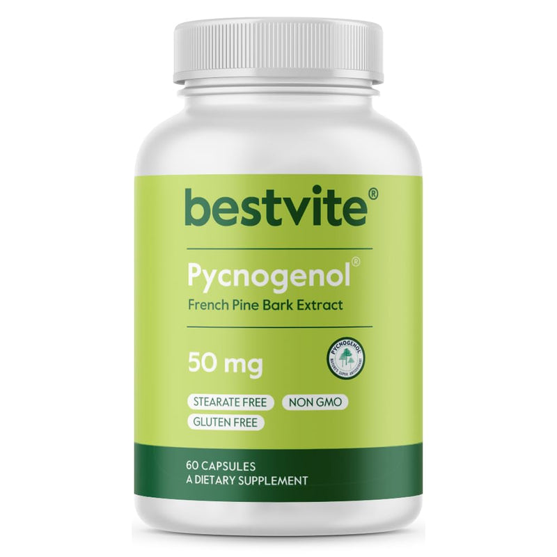 BESTVITE Pycnogenol 50mg (60 Capsules) - French Maritime Pine Bark Extract - No Stearates - Gluten Free - Non GMO
