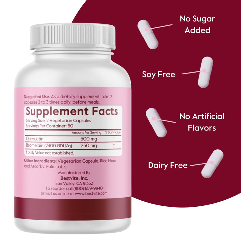 BESTVITE Quercetin with Bromelain 500mg/250mg (120 Vegetarian Capsules) – No Stearates – No Silicon Dioxide – Vegan – Non GMO – Gluten Free