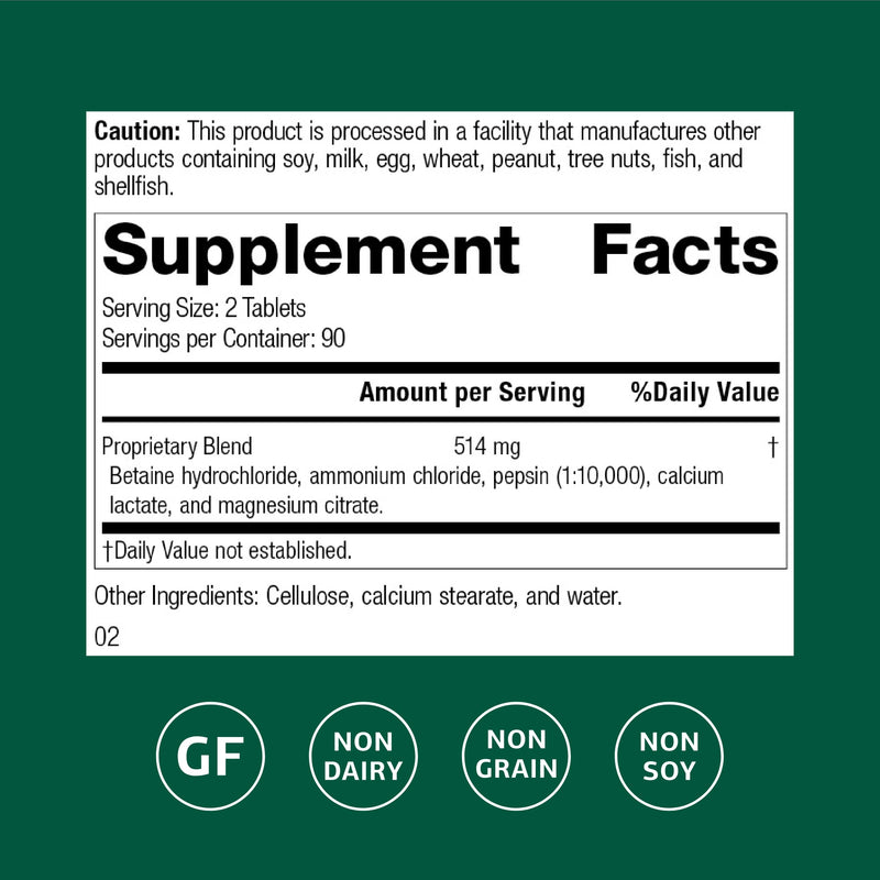 Betaine Hydrochloride Supplement 180 Tablets | Digestive pH Support & Iron Absorption - Gluten-Free