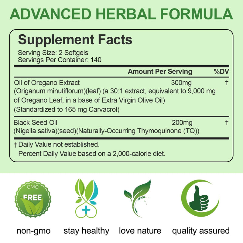 BEWORD Oil of Oregano with Black Seed Oil – 90/280/560/840 Softgels, 9000mg per Serving, 2-in-1 Immune Support, High Carvacrol & Thymoquinone | Plant-Based, Non-GMO