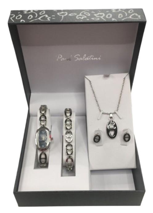 Paul Salatini Ladies Fashion Bling Black Dial Silver Bracelet Watch Bracelet, Necklace & Earrings Gift Sets