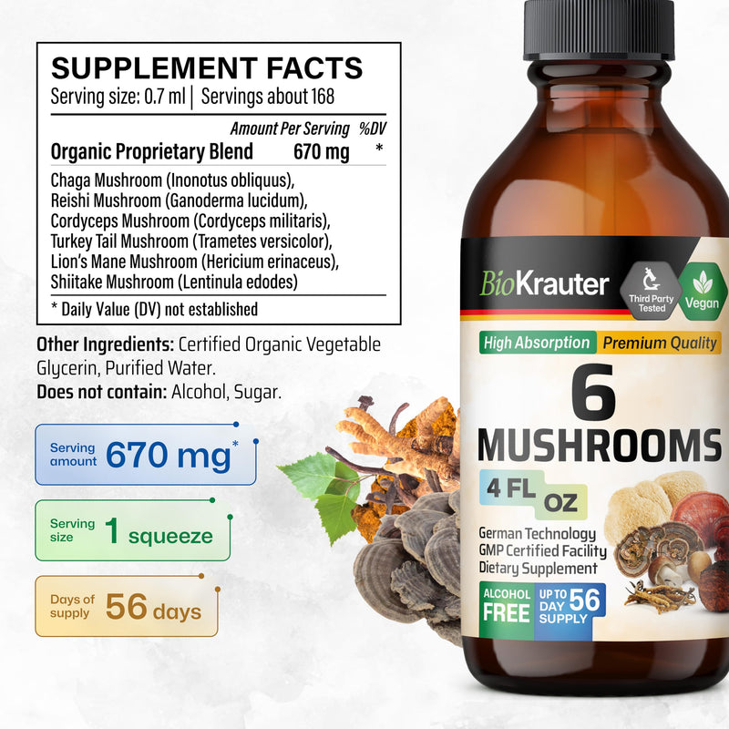 BIO KRAUTER 6 Mushrooms 6-in-1 Immunity Tincture - Lions Mane, Shiitake, Turkey Tail, Cordyceps, Reishi & Chaga | Vegan Drops 4 Fl Oz