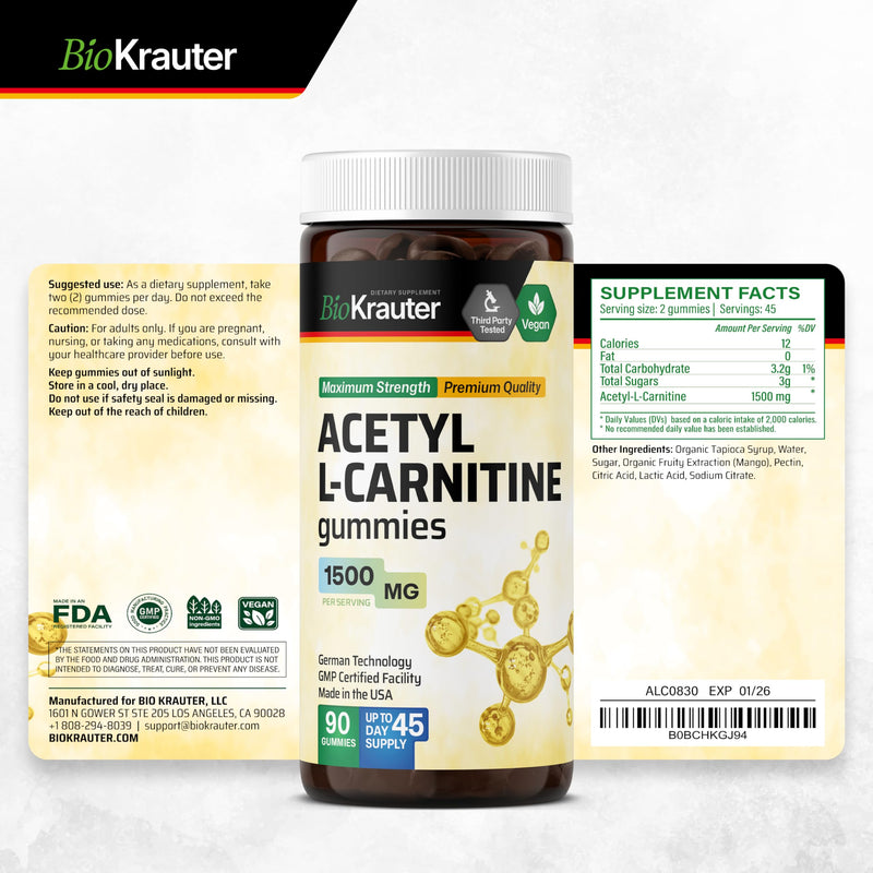 BIO KRAUTER Acetyl L-Carnitine Gummies 1500 mg - 90 Vegan Chews | Pack of 2