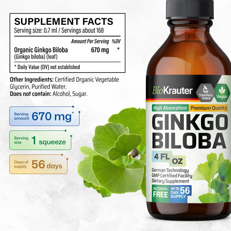 BIO KRAUTER Ginkgo Biloba Extract - Vegan Liquid Brain Support - 4 Fl Oz