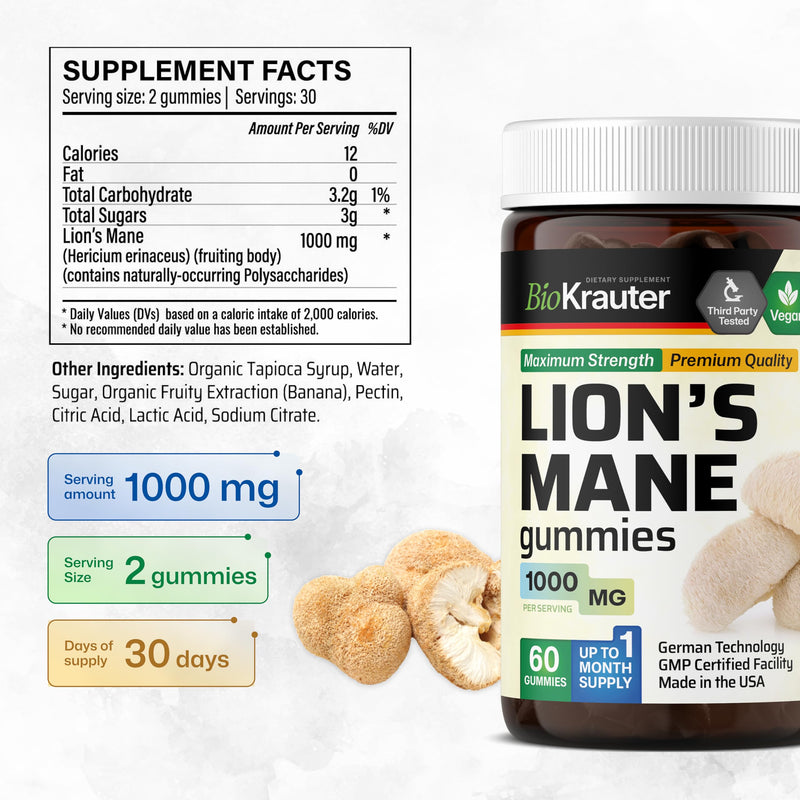 BIO KRAUTER Lions Mane Gummies for Adults - 1000 mg Strength - 60 Vegan Mushroom Supplement Chews - Lions Mane Supplement for Brain - Gelatine-Free