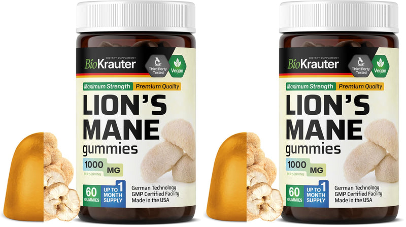 BIO KRAUTER Lions Mane Gummies for Adults - 1000 mg - Vegan, Gelatine-Free (Pack of 2)