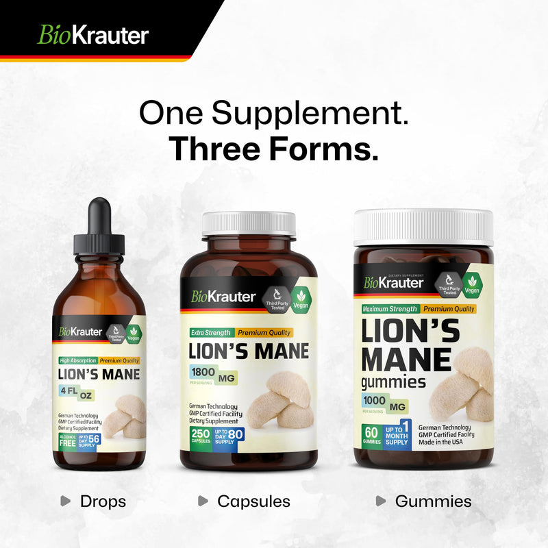 BIO KRAUTER Lions Mane Gummies for Adults - 1000 mg Strength - 60 Vegan Mushroom Supplement Chews - Lions Mane Supplement for Brain - Gelatine-Free