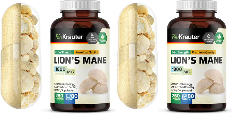 BIO KRAUTER Lions Mane 1800 mg Capsules – 250 Count – Vegan Brain Support