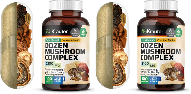 BIO KRAUTER Dozen Mushroom Complex Capsules 2100 mg Blend - 12 Extracts, 100 Vegan Caps - Pack of 2