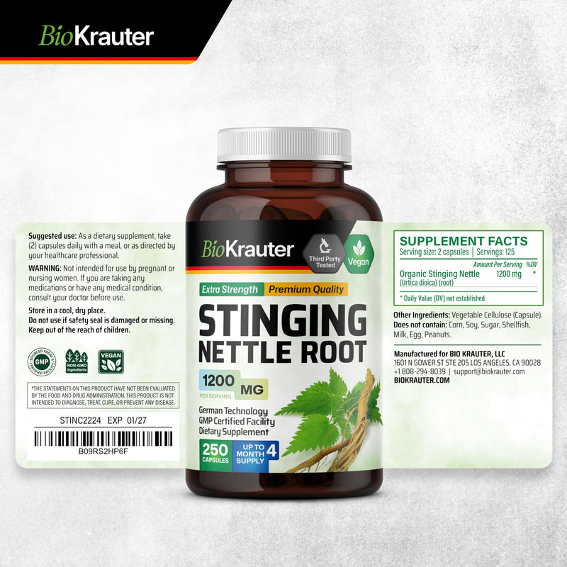 BIO KRAUTER Stinging Nettle Capsules 1200 mg – 250 Urinary Tract & Overall Support Caps – Nettle Root Powder (Urtica Dioica) – Non-GMO – Pack of 2