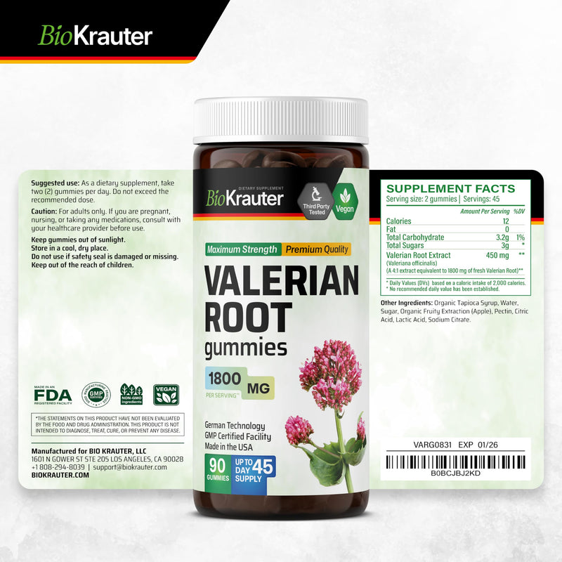 BIO KRAUTER Valerian Root Gummies - 1800 mg Strength, 90 Vegan Chews, No Melatonin