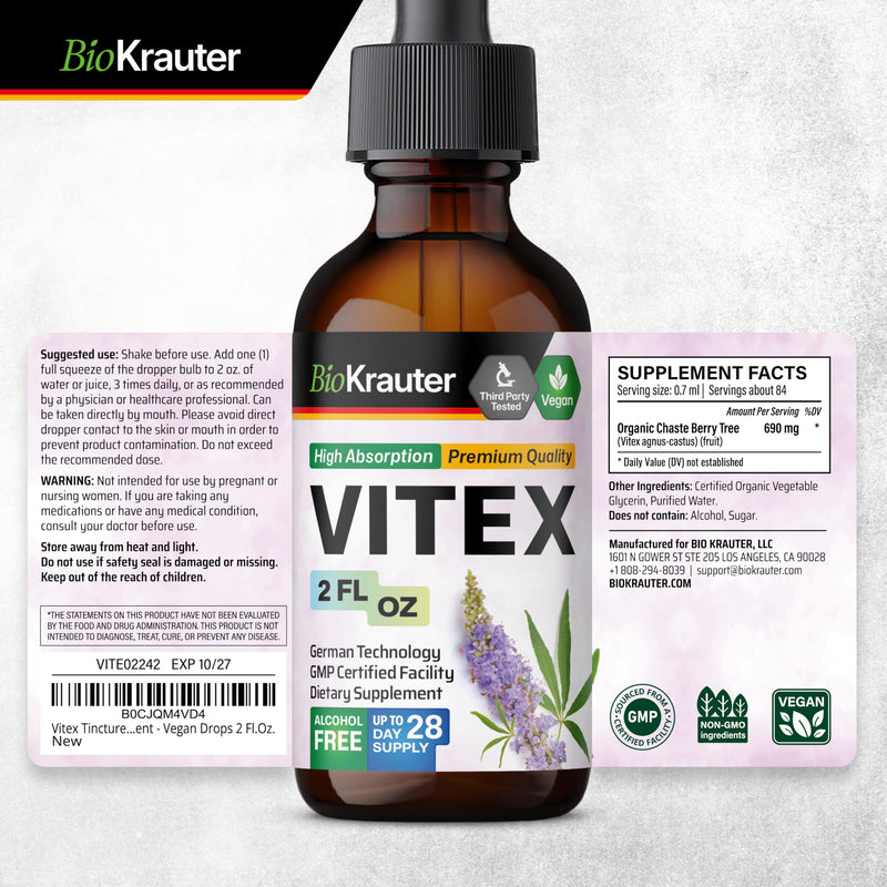 BIO KRAUTER Vitex Chasteberry Supplement for Women & Menopause Support - 2 Fl Oz - Vegan, Non-GMO, Alcohol & Sugar Free