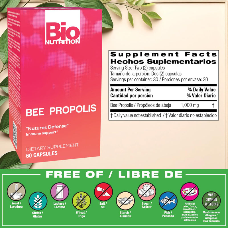 Bio Nutrition Bee Propolis - Natural Defense Immune Support | 1000 mg, 60 Count