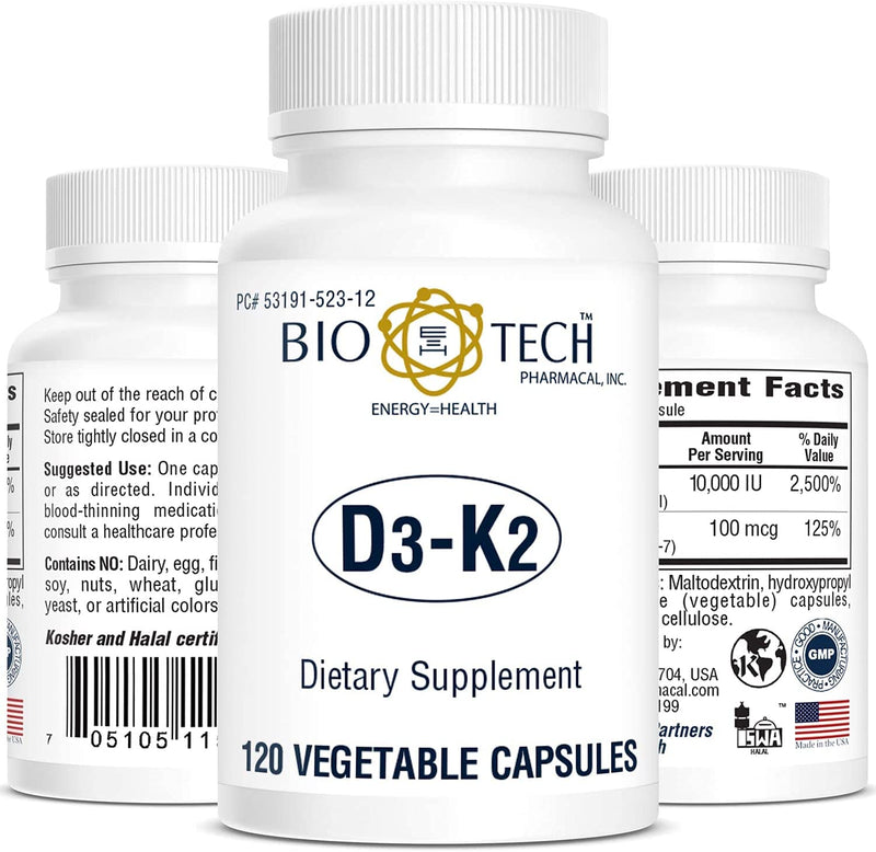 Bio-Tech D3-K2 120 Vegcaps – Vegan Vitamin D3 & K2 for Bone Health