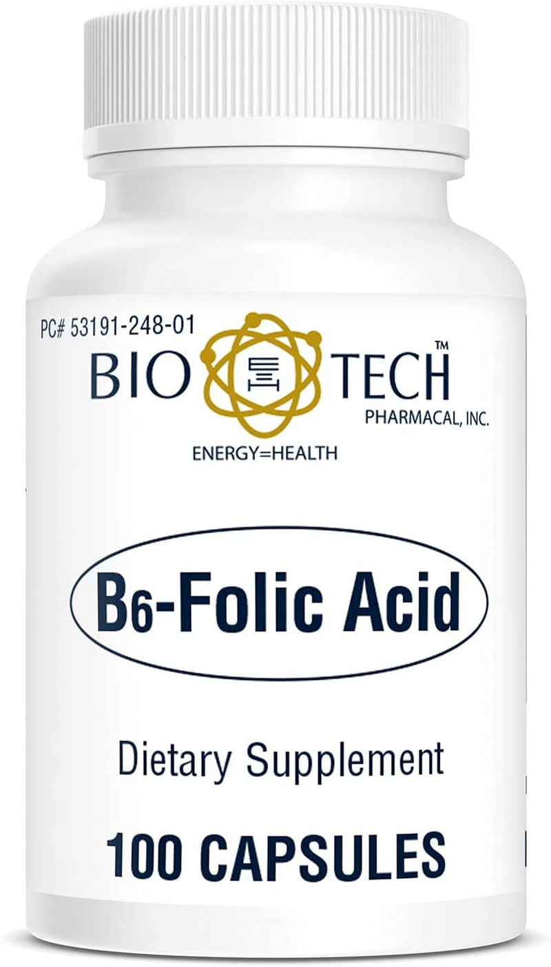 Bio-Tech Pharmacal B6-Folic Acid 100 Capsules | All-Natural Supplement | Supports Cardiovascular, Bone & Nervous System Health | No Dairy, Fish, Gluten, Peanut, Shellfish, Halal, & Soy
