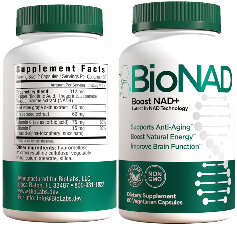 BioNAD NAD+ Natural Energy Booster - Boost NAD+, Supports Cardiovascular Health - Vegan/Non-GMO