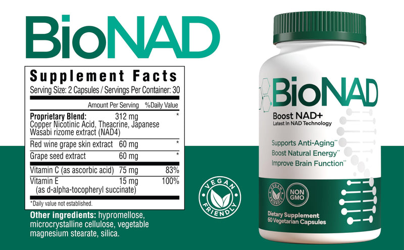 BioNAD NAD+ Natural Energy Booster - Boost NAD+, Supports Cardiovascular Health - Vegan/Non-GMO