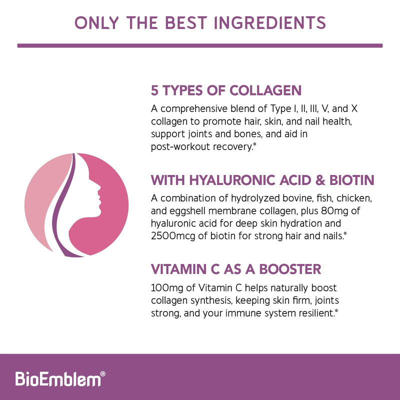 BioEmblem Beauty Collagen – 11G Hydrolyzed Multi-Collagen Peptides, Hyaluronic Acid, Vitamin C & Biotin – 30 Servings