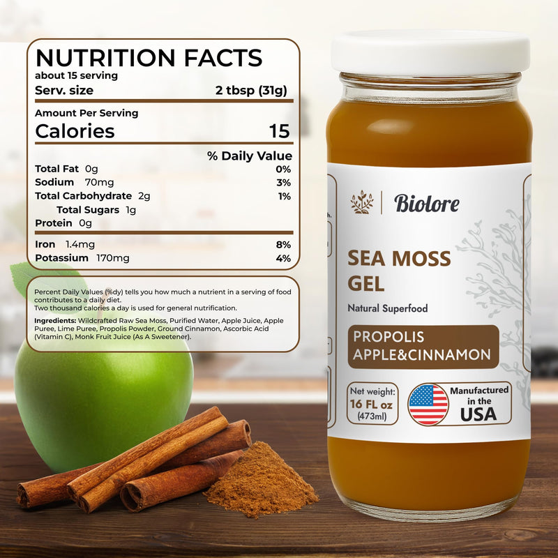 Biolore Sea Moss Gel with Propolis - Apple & Cinnamon, 16 oz | Vegan, Gluten-Free, No Added Sugar