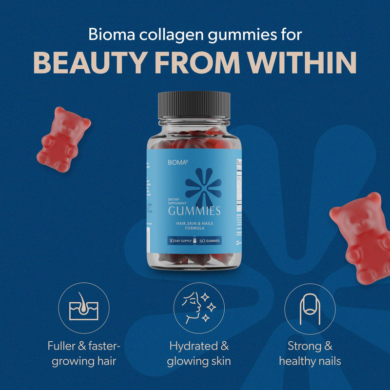 BIOMA Hair, Skin & Nails Beauty Gummies – Biotin, Collagen, Zinc & Vitamins C & E | Gluten-Free | 60 Gummies (30-Day Supply)