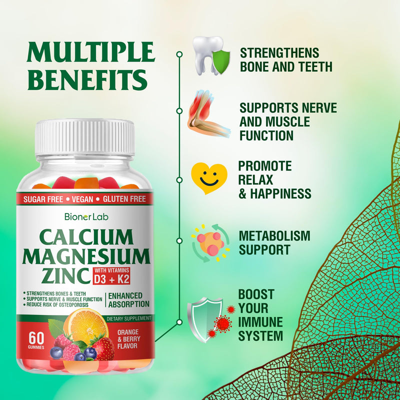 BionerLab Calcium Magnesium Zinc Gummies + Vitamin D3 & K2 — High Potency, Orange & Berry Flavor