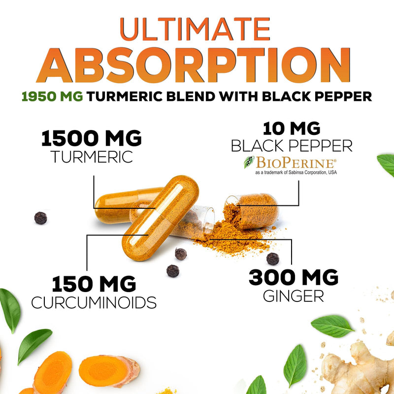 Turmeric Curcumin 1950mg – 95% Curcuminoids, Organic Turmeric & Ginger, BioPerine | 240 Capsules