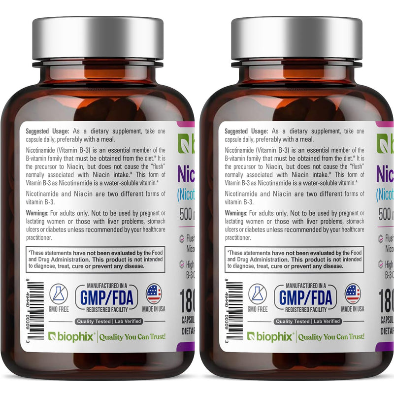 Biophix B-3 Nicotinamide 500 mg - 180 Caps (2 Pack) | Flush-Free Vitamin for Skin Health
