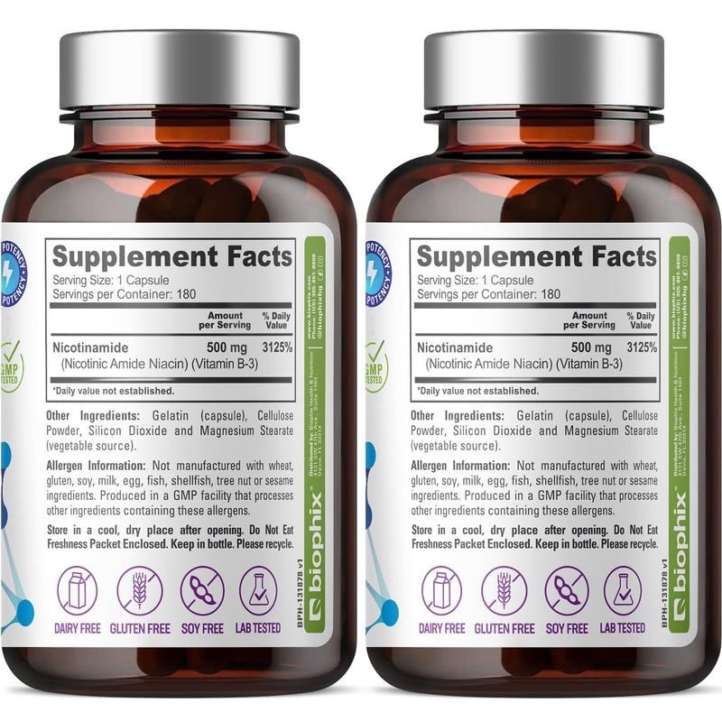Biophix B-3 Nicotinamide 500 mg - 180 Caps (2 Pack) | Flush-Free Vitamin for Skin Health