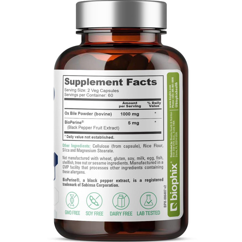 Biophix Ox Bile 1000 mg with BioPerine | 120 Veggie Capsules - Pack of 2