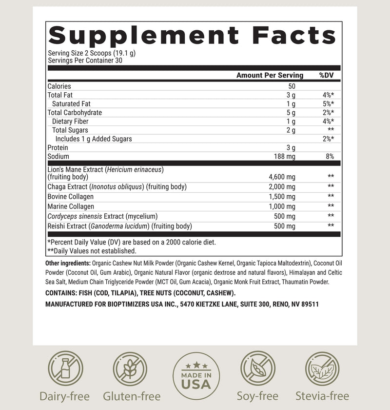 BIOptimizers Mushroom Coffee Alternative – Salted Caramel with Lion’s Mane, Chaga & Reishi + Collagen & MCT – 30 Servings
