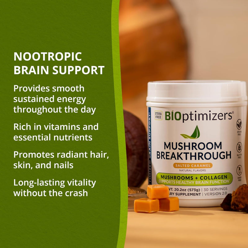 BIOptimizers Mushroom Coffee Alternative – Salted Caramel with Lion's Mane, Chaga, Reishi + Collagen & MCT (15 Servings)