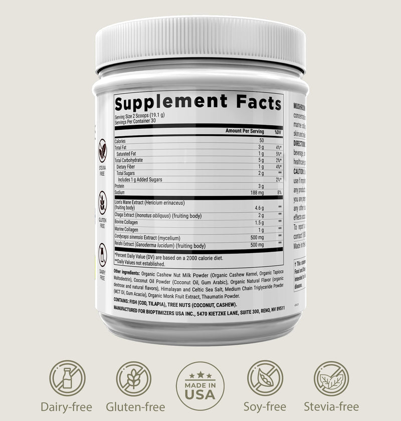 BIOptimizers Mushroom Coffee Alternative – Salted Caramel with Lion’s Mane, Chaga & Reishi + Collagen & MCT – 30 Servings