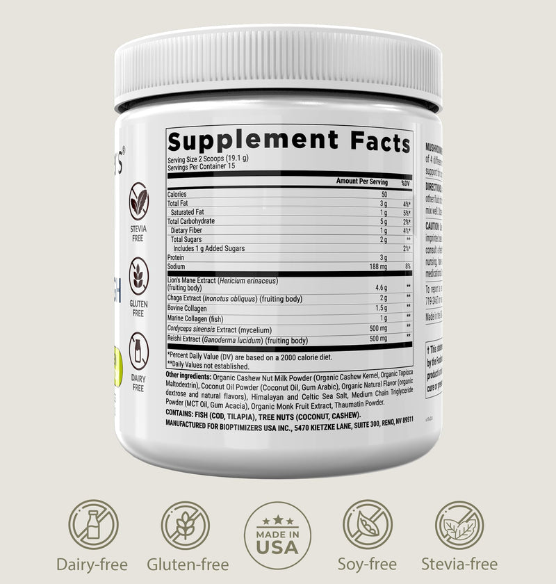 BIOptimizers Mushroom Coffee Alternative – Salted Caramel with Lion's Mane, Chaga, Reishi + Collagen & MCT (15 Servings)