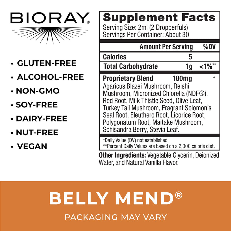 BIORAY Daily Belly Mend - 2 fl oz | 11-Strain Probiotic + Medicinal Mushrooms